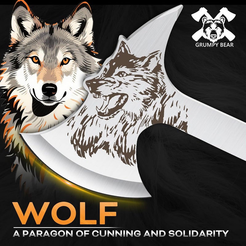 GRUMPY BEAR Camping Hatchet with Wolf Carving, Full Tang Outdoor Axe with Decorative Handle, Durable Forged Blade for Hiking, Bushcraft, and Survival - Image 2